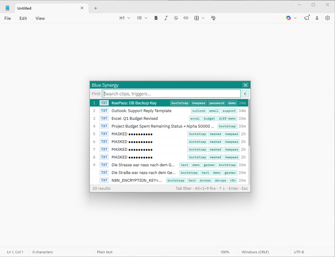 Blue Synergy quick-access overlay searching the clipboard history